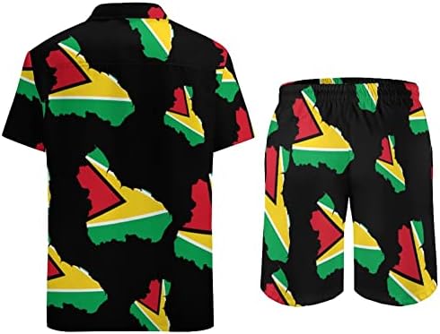 BAİKUTOUAN Guyana Bayrağı Harita erkek 2 Parça havai gömleği Takım Elbise Rahat Gevşek Düğme Aşağı Üst ve plaj şortu Tatil