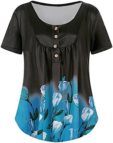 Kadın Yaz Üstleri Çiçek Bluz Henley V Boyun Düğme Up Flowy Gömlek Tunik Üstleri Rahat Kısa Kollu Fırfır Bluz