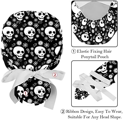 Çalışma Şapka Düğmeleri ve Kurdele Bağları Kadınlar için 2 Paket, Çiçek Geometrik Ayarlanabilir Unisex Cerrahi Kapaklar Fırçalama