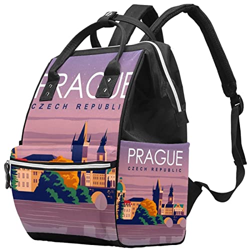 Prag Seyahat Posteri Desen bez bebek bezi çantaları Mumya Sırt Çantası Büyük Kapasiteli Bez Torba Hemşirelik Seyahat Çantası