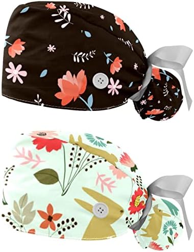 2 Paketleri Çalışma Kap Düğmeleri ile, Ayarlanabilir Elastik Bandaj Kravat Geri Şapka, fırçalama Cerrahi Kap Kafatası Çiçek