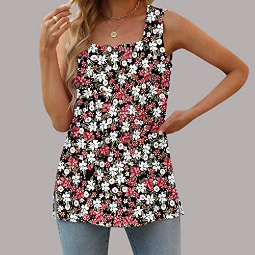lcepcy Kare Boyun Tankı Üstleri Kadınlar için Sevimli Çiçek Baskılı Kolsuz Yan Yarık Gömlek Casual Yaz Gevşek Bluz Elbise