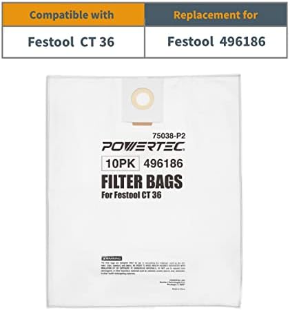 Festool 496186 için POWERTEC 75038-P2 Filtre Torbaları CT 36, 10 pk'ye Uyar