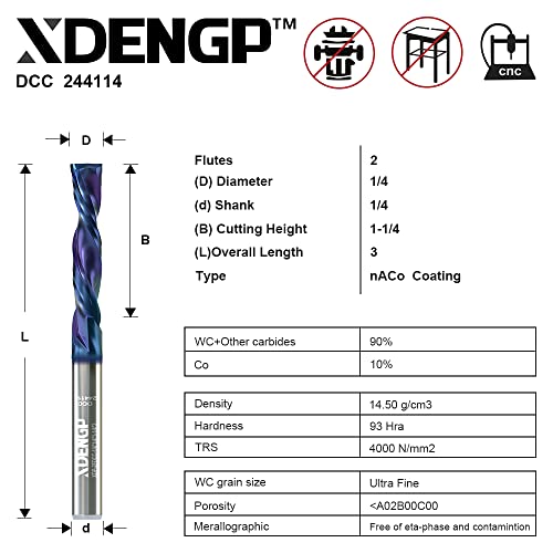 XDENGP Aşağı Kesim Spiral Yönlendirici Bit için CNC, 1/4 inç Kesme Çapı ve 1-1/4 inç Kesme Uzunluğu 1/4 inç Shank ile NACO