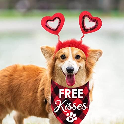 Sevgililer Günü Köpek Kostümü, 2 Paket Pet Kırmızı Kalp Bandı Buffalo Ekose Bandana Seti, Küçük Orta Köpekler için Köpek