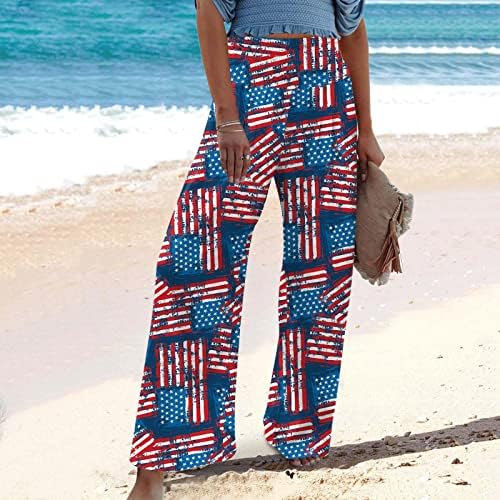 4 temmuz Keten Geniş Bacak Pantolon Kadınlar için Amerikan Bayrağı Elastik Dantelli Yüksek Bel Geniş Bacak cepli pantolon