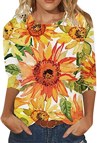 Annhoo Kadın Bluzlar Ayçiçeği Çiçek Baskı İnce Tunik Bluzlar Kaşkorse Tişörtleri 3/4 Kollu Crewneck Casual Bluzlar 2023 Fİ