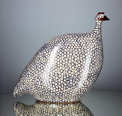 Les Ceramiques de Lussan Küçük Seramik Gine Tavuğu-Kobalt Mavisi Lekeli Beyaz-6,5 Boyunda