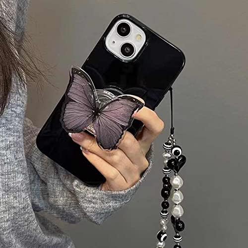 YWYUHE Parlak Siyah Kelebek Telefon Kılıfı iPhone 14 ile Uyumlu, kore Sevimli 3D Siyah Rüya Kelebek Telefon Kapak Kelebek