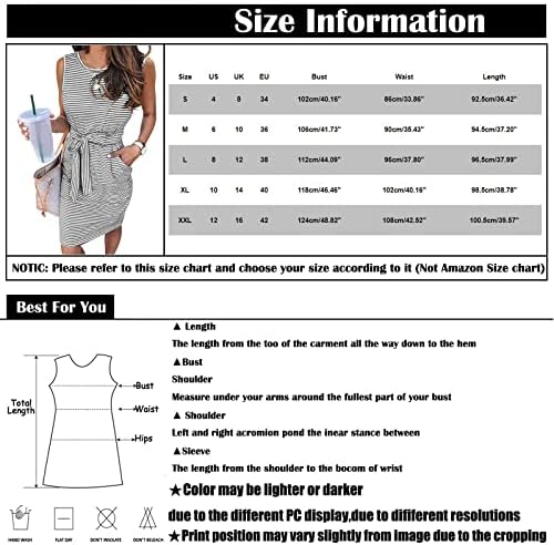 Yaz Maxi Elbiseler Kadınlar için 2023, Moda Bayan Gevşek Yaz Kolsuz Yuvarlak Boyun Rahat Çizgili Kemer Mini Elbise