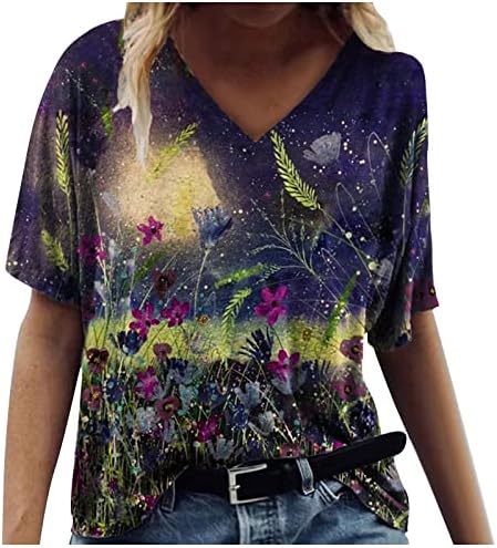 NOKMOPO yazlık gömlek Kadınlar için Retro Baskı Geometrik Baskı V Yaka kısa kollu tişört Üst Bluzlar