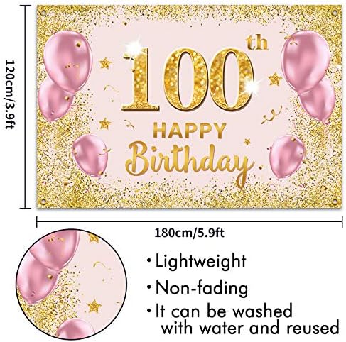 PAKBOOM Mutlu 100th Doğum Günü Backdrop Banner - Kadınlar için 100 Doğum Günü Partisi Süslemeleri Malzemeleri - Altın Pembe