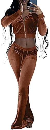 Kadın Seksi Bodycon Kadife Eşofman 2 Parça Kıyafetler Uzun Kollu Fermuar Kırpma Üstleri Ceketler İpli Flare pantolon seti