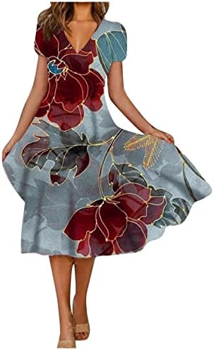 Kadın yaz rahat moda çiçek baskı kısa kollu v yaka askı elbise