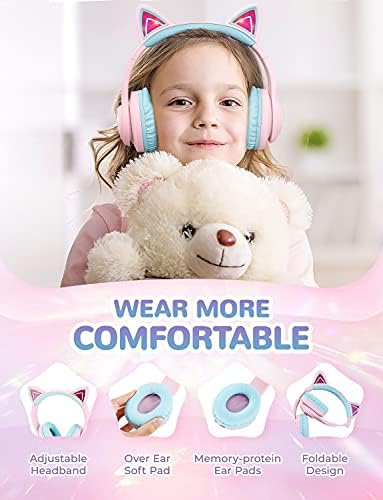 iClever Kedi Kulak Çocuk Bluetooth Kulaklıklar, LED yanar, 74/85/94dB Hacim Sınırlı, 50 Saat Çalma Süresi, Bluetooth 5.2,