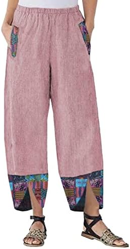 Yaz Keten Pantolon Kadınlar için Moda Pamuk Keten dinlenme pantolonu Çiçek Baskı Gevşek Fit Artı Boyutu Kırpılmış cepli pantolon