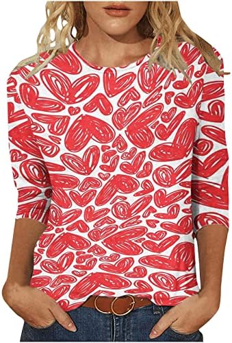 Kalp Baskılı Üstleri Kadınlar için Moda Şık Bluz sevgililer Günü 3/4 Kollu T Shirt Casual Gevşek Kazak Tee Gömlek