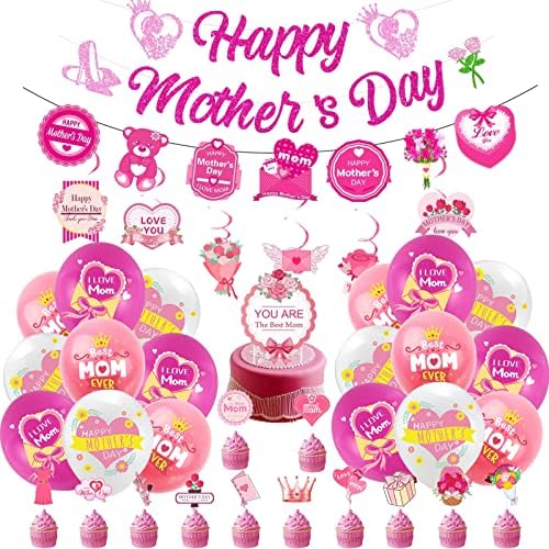 Anneler Günü Süslemeleri Altın Glitter Mutlu Anneler Günü Afiş Anneler Günü Balonlu Balonlar Kek Topper Anneler Günü Partisi