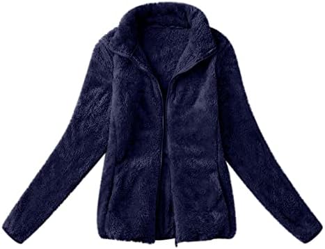 Teddy Faux Shearlıng Ceket Kadınlar için Tam Zip Up Yaka Düz Renk Ceketler Kış Sıcak Bulanık Polar Palto Kabanlar