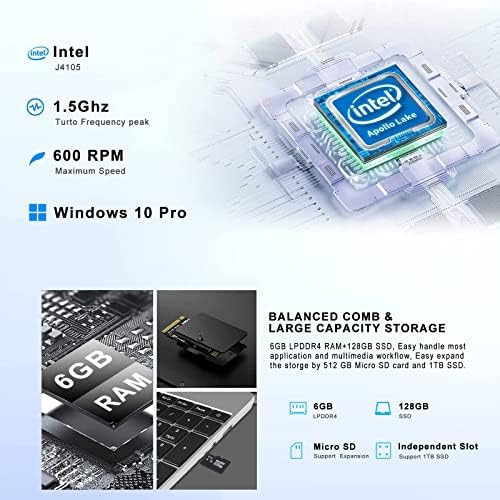 Ruzava 15.6 Dizüstü Bilgisayar 6GB RAM 128GB SSD Geleneksel Dizüstü Bilgisayar Windows 10 Pro Intel J4105 2.4 G+5G WiFi Bluetooth