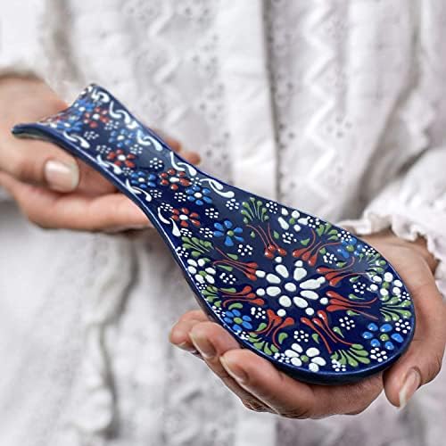 LEMOSE El Boyaması Türk Seramik Kaşık Dayanağı-Benzersiz Kabartmalı Tasarım İşçiliği Mavi Kaşık Tutacağı-Dekoratif Renkli