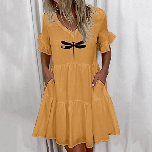 Bayan Katmanlı Mini Elbise Pamuk Keten Salıncak Sundress Fırfır Kısa Kollu Kelebek Elbiseler Casual Önlüklü Elbise Cepli