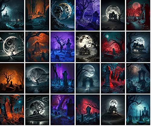 Büyük Çıkartmalar 24 adet (2.5x 3.5 Her Biri) Terk Edilmiş Mezarlık Gece Orman Vintage Cadılar Bayramı Kartpostallar Gerilim