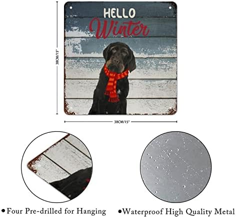 Guangpat Retro Noel İşareti Merhaba Kış Alüminyum Metal İşareti Köpek Giyen Kırmızı Eşarp İşaretleri Beagle Köpek Duvar Sanatı