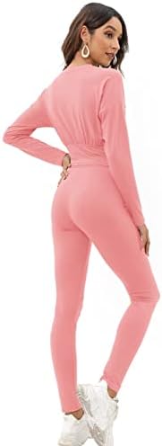 Dgebou Düz Renk 2 Parça Kıyafetler Kadınlar için, Karın Kontrol Uzun Kollu Kırpma Üst ve koşucu pantolonu Egzersiz Seti Eşofman