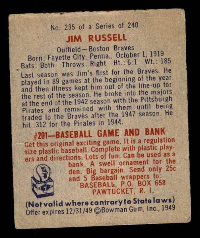 1949 Okçu 235 Jim Russell Boston Braves (Beyzbol Kartı) VG Braves