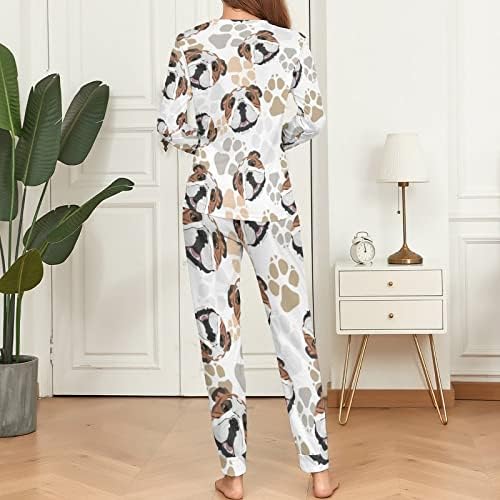 Köpek pençeleri İngilizce Bulldog kadın pijama setleri iki parçalı uzun kollu salonu pijama cepler ile