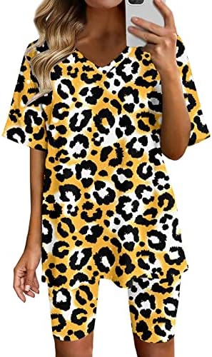 2 Parça Kıyafetler Kadınlar için Yaz Rahat Gevşek Salon Setleri Kısa Kollu V Yaka Tee Gömlek ve Şort Setleri Rahat Pijama