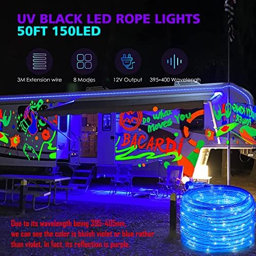 OMİKA 50ft bağlanabilir Blacklight halat ışıkları, 150 LEDs UV açık siyah ışık şeridi, 8 modları UV mor dize ışıkları için