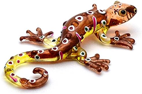 ChangThai Tasarım Minik 3½ Uzun Kahverengi Sarı Gecko Heykelcik-Minyatür El Üflemeli Cam Kertenkele Semender Sürüngen Kristal