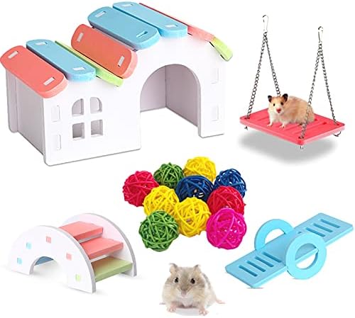 DJun Hamster Gökkuşağı Çiğnemek Oyuncaklar Dahil Evi Köprü Salıncak Tahterevalli ve 10 Renkli Rattan Topları, Pet Spor Egzersiz