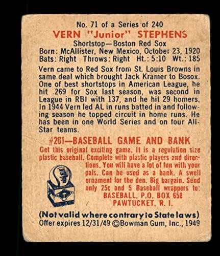 1949 Okçu 71 Vern Stephens Boston Red Sox (Beyzbol Kartı) GD + Red Sox