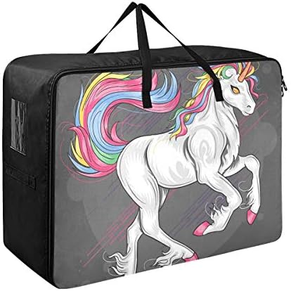 N / A Yatak Altı Büyük Kapasiteli saklama çantası-Unicorn Gökkuşağı Yorgan Giyim Organizatör Dekorasyon Battaniye Fermuar