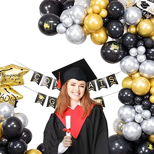 SANERYI Mezuniyet Balon Garland Kemer Kiti 119 adet Siyah Altın Gümüş konfeti balonları Sınıf 2023 Kap Balon Afiş Parti Süslemeleri
