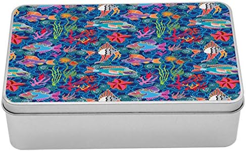Ambesonne Deniz Metal Kutusu, Mozaik Desenli Tropikal Okyanusta Sualtı Teması Egzotik Balıklar, Kapaklı Çok Amaçlı Dikdörtgen