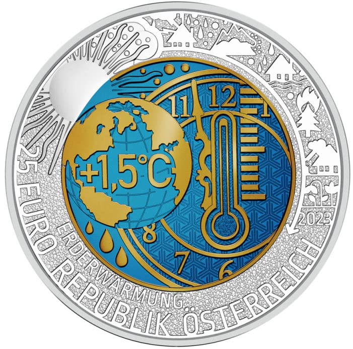 2023 DE Niobium PowerCoin Küresel Isıtma Gümüş Sikke 25€ Euro Avusturya 2023 BU Parlak Dolaşımsız