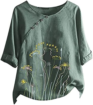 Kadınlar için keten Üstleri Yaz Rahat Yuvarlak O Boyun 3/4 Kollu Çiçek Baskı Gevşek Fit Gömlek Tops