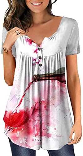 Tişörtleri Gömlek Kadınlar için Kısa Kollu Gizlemek Göbek Tunik Yaz V Yaka T Shirt Baskı Flowy Henley Tshirt Casual Bluzlar