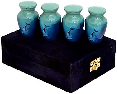 HLC URNS Lovely Dolphin Derin Okyanus Mavisi Kremasyon Urn 4'lü Set – Kadife Kutu ve 4 Kadife Çanta ile İnsan Külleri için