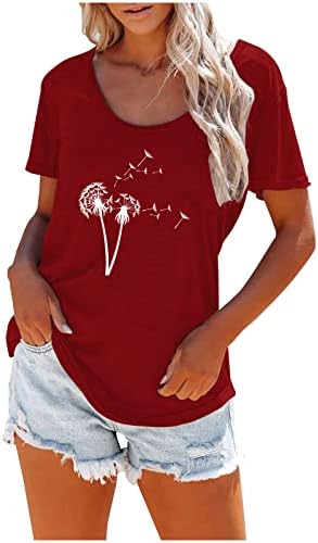 Kadınlar için yaz Üstleri Gevşek Fit Yuvarlak Boyun T-Shirt Karahindiba Baskı Sevimli Üst Tunik Gömlek Yumuşak Streç Temel