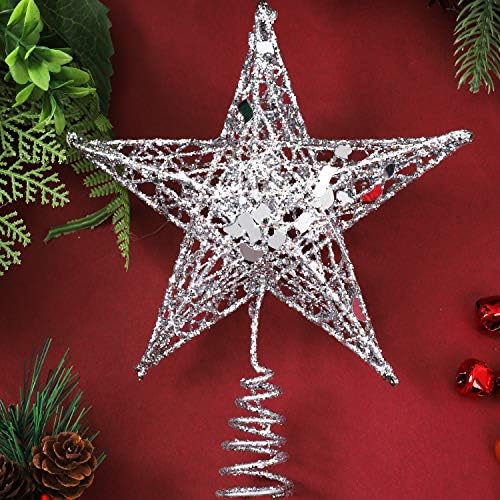 URATOT Simli Noel Ağacı Topper Metal Noel Treetop Hallow Tel Yıldız Topper noel ev dekorasyonu için (8 inç, Gümüş)