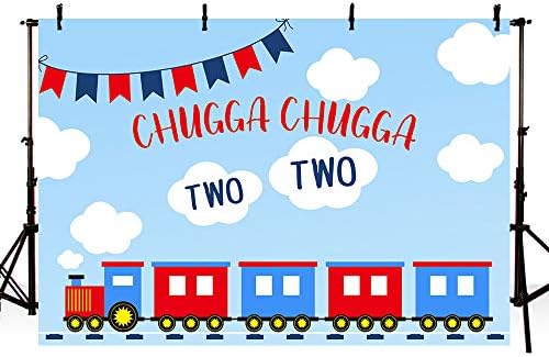 MEHOFOND 7x5ft Kırmızı Mavi Tren Çocuk Mutlu 2nd Doğum Günü Fotoğraf Arka Plan Chugga Chugga İki İki Mavi Gökyüzü Beyaz Bulutlar