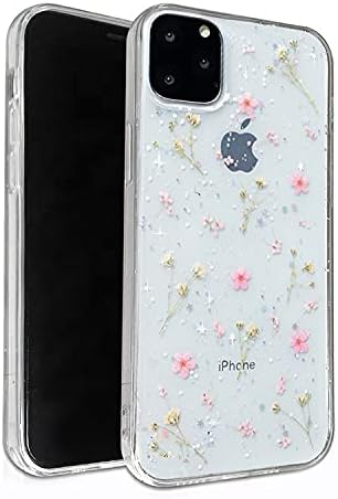 Feibili iPhone 11 Pro Çiçek Durumda, yumuşak Şeffaf Esnek Kauçuk Preslenmiş Kuru Gerçek Çiçekler Durumda Kızlar Glitter Çiçek