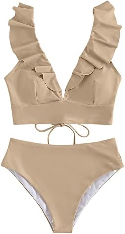 Knosfe Bikini Setleri Kadınlar ıçin Fırfır Kollu Kravat Yan 2 Parça Mayo Mayo Yüksek Bel Plaj Yaz Bikini Mayo