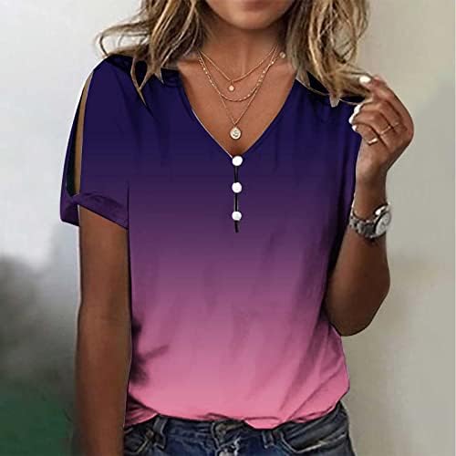 Kadın Düğme V Yaka Henley Gömlek Yaz Rahat Kısa Kollu Baskılı Üstleri Bayanlar Artı Boyutu Gevşek Casual Bluz T-Shirt