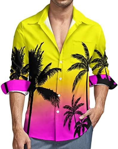 Sarı ve Pembe Palmiye Ağaçları erkek Düzenli Fit Uzun Kollu Cep Gömlek Düğme Aşağı Üst Komik